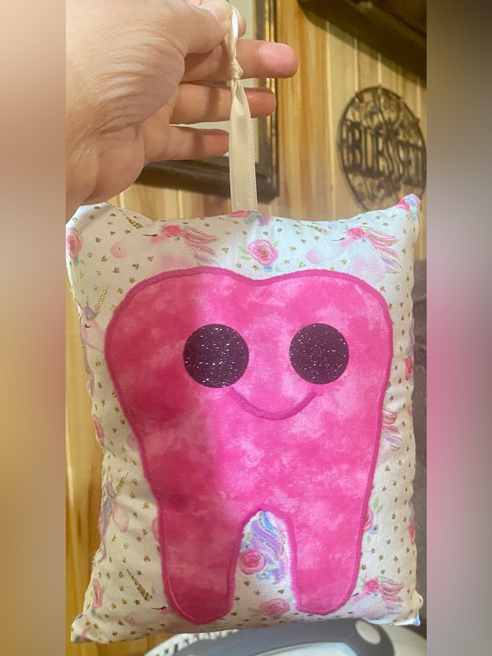 Handmade Tooth Fairy Pillow Pink Smiling Tooth Glittery Eyes Unicorn Gold Star